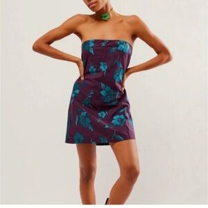 Free People Strapless Mini Dress in Plum with Teal Floral Print
